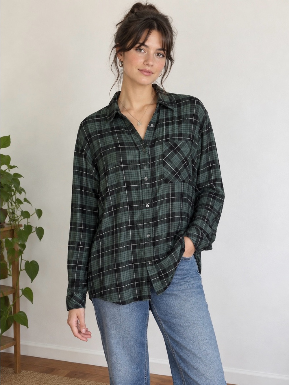 NWT Market and Spruce Green Plaid Button Up Casual Flannel Top Fall Winter